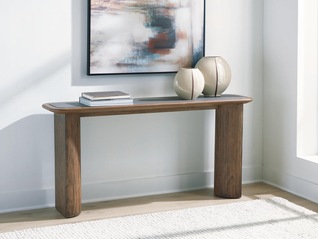 Dontayne Sofa Table in Warm Brown, lifestyle view