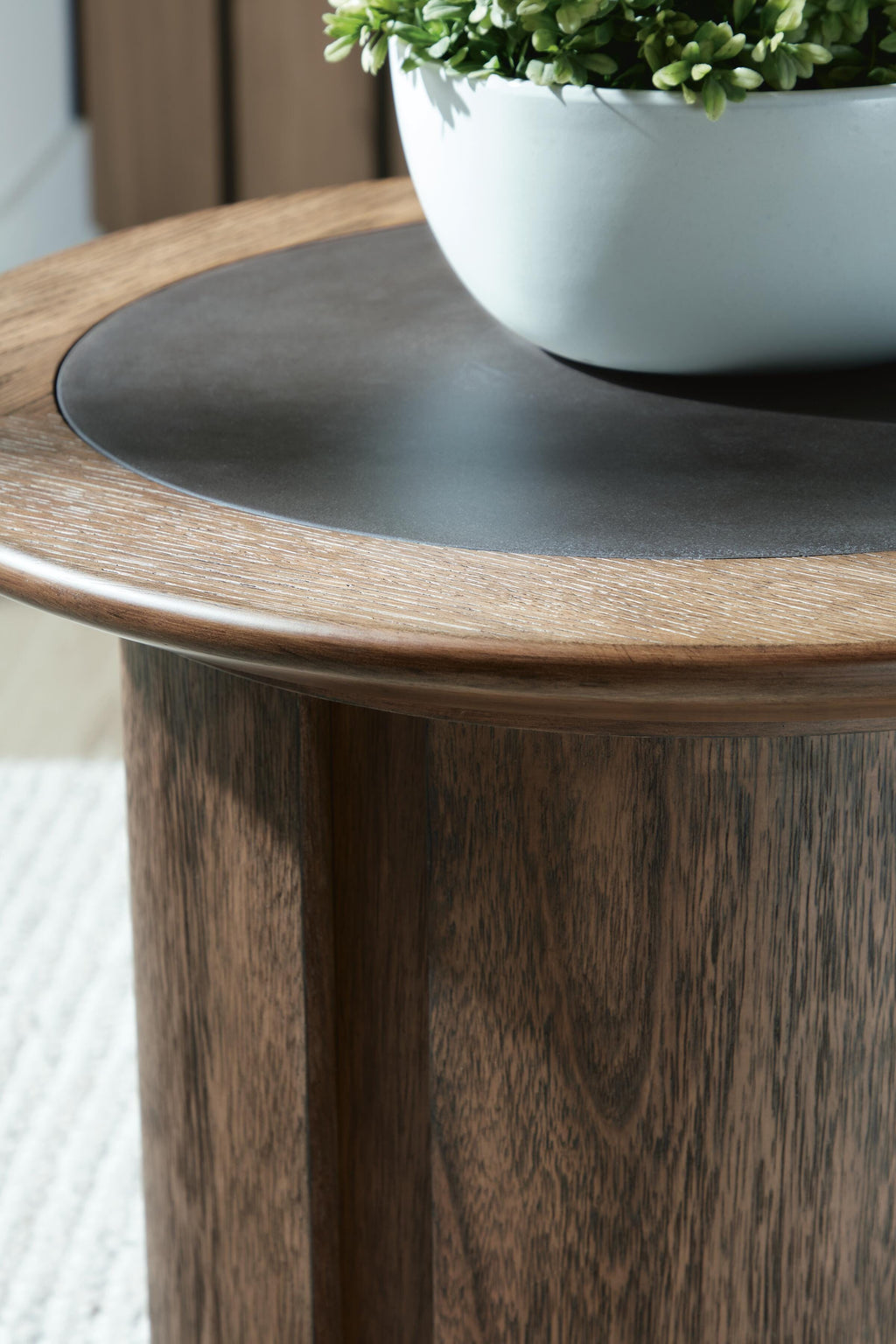 Dontayne End Table in Warm Brown, detail view