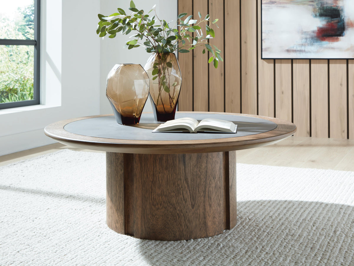 Dontayne Coffee Table in Warm Brown, lifestyle view