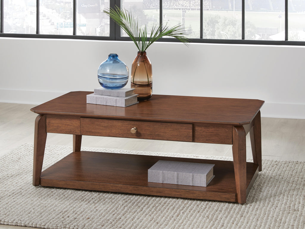 Trenmour Coffee Table in Medium Brown, lifestyle view