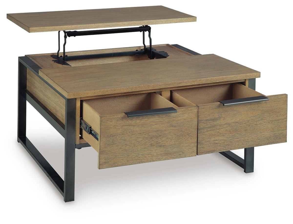 Montia Lift-Top Coffee Table in Light Brown, open view