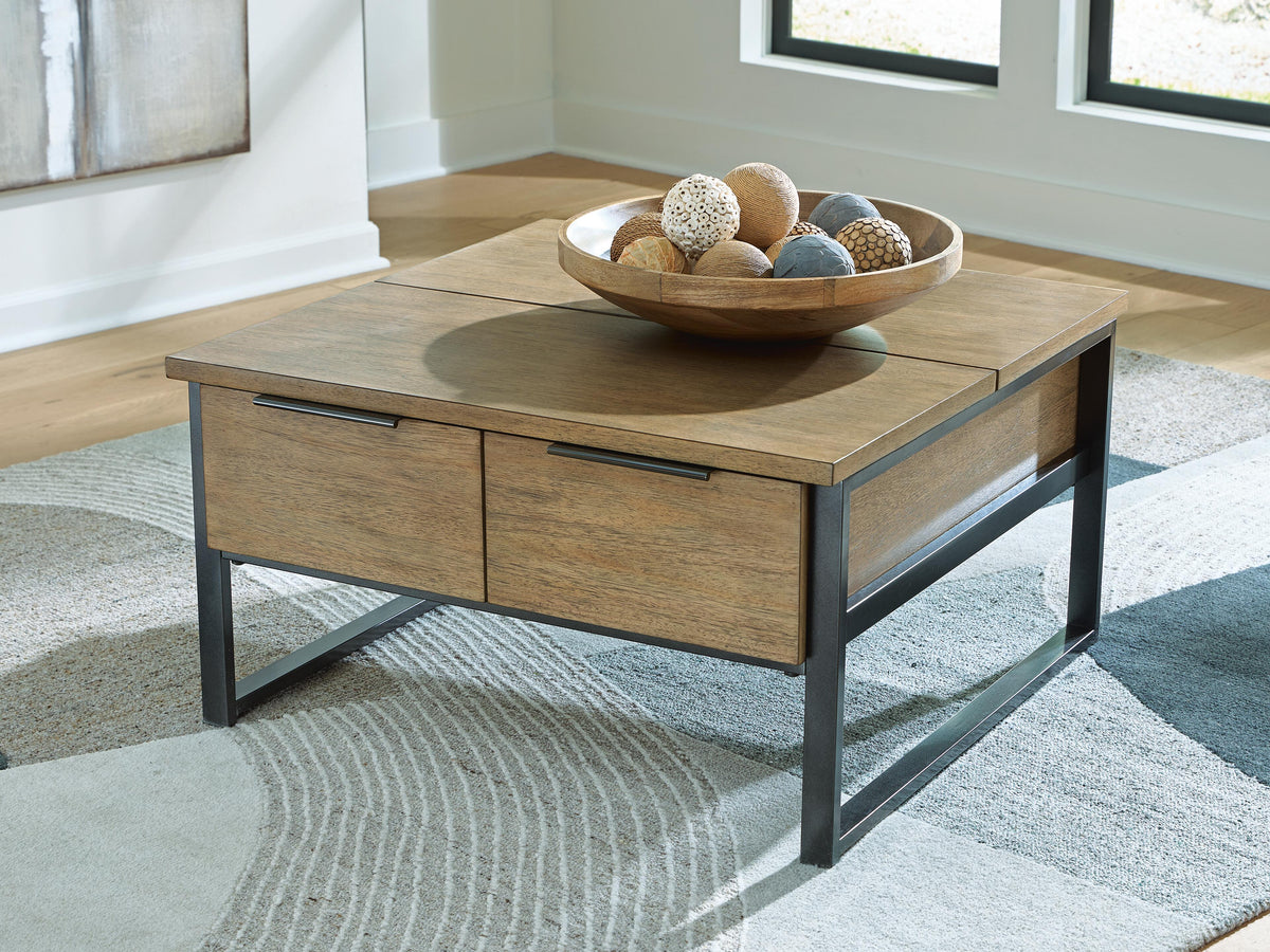 Montia Lift-Top Coffee Table in Light Brown, closed view