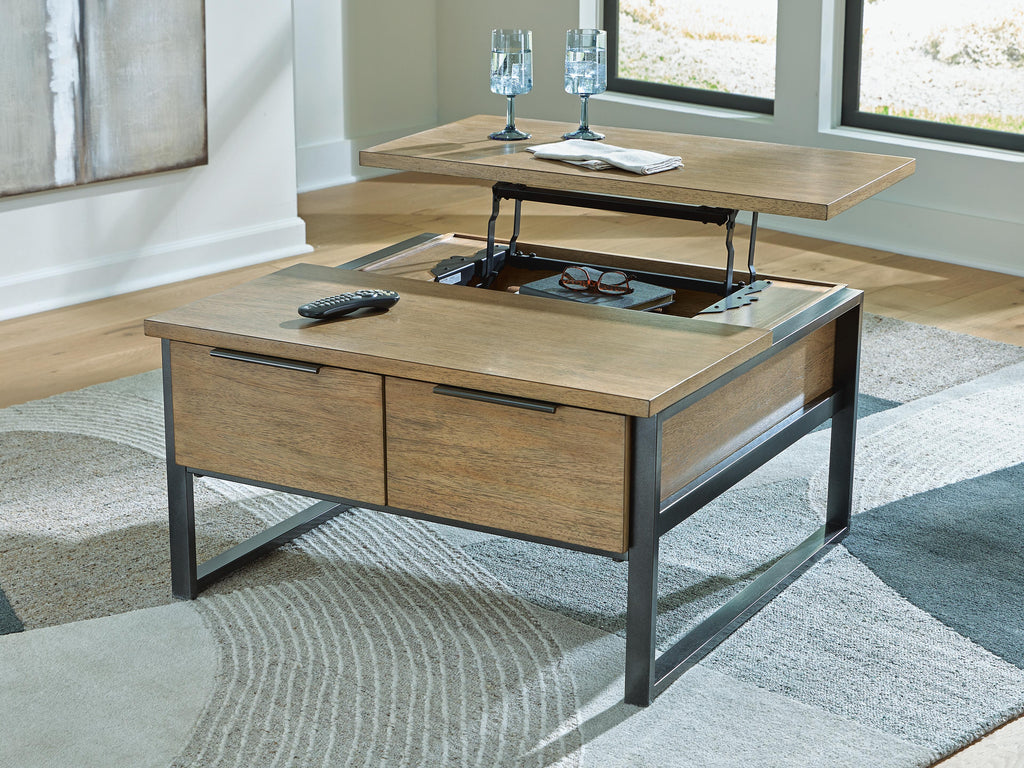 Montia Lift-Top Coffee Table in Light Brown, open view
