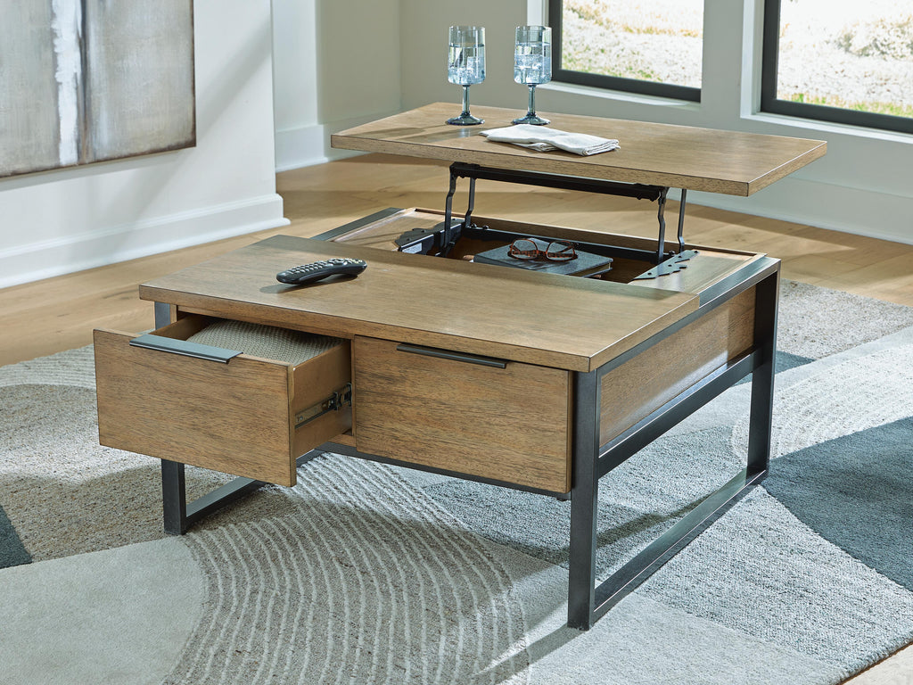 Montia Lift-Top Coffee Table in Light Brown, open view