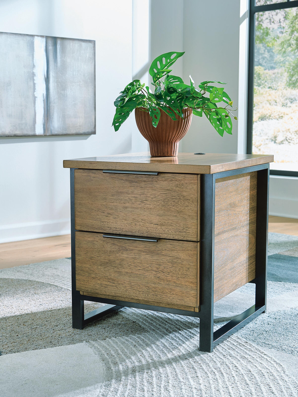 Montia End Table in Light Brown, closed view