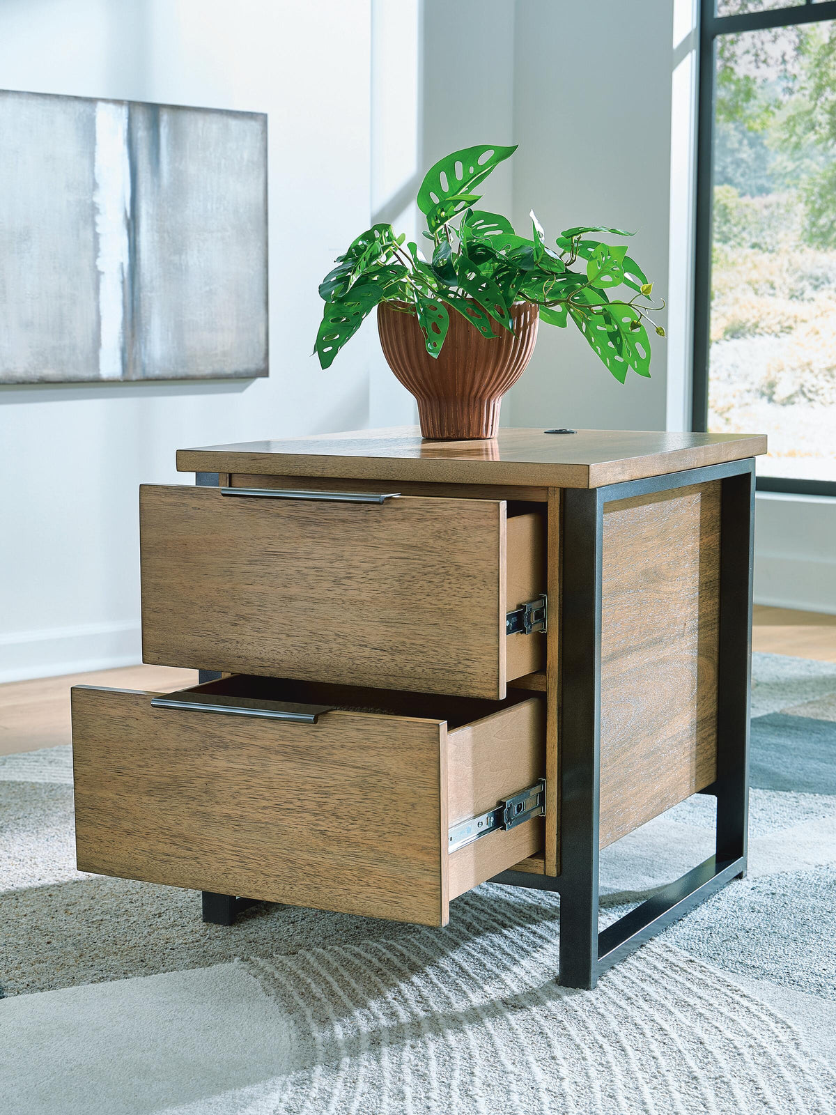 Montia End Table in Light Brown, open view