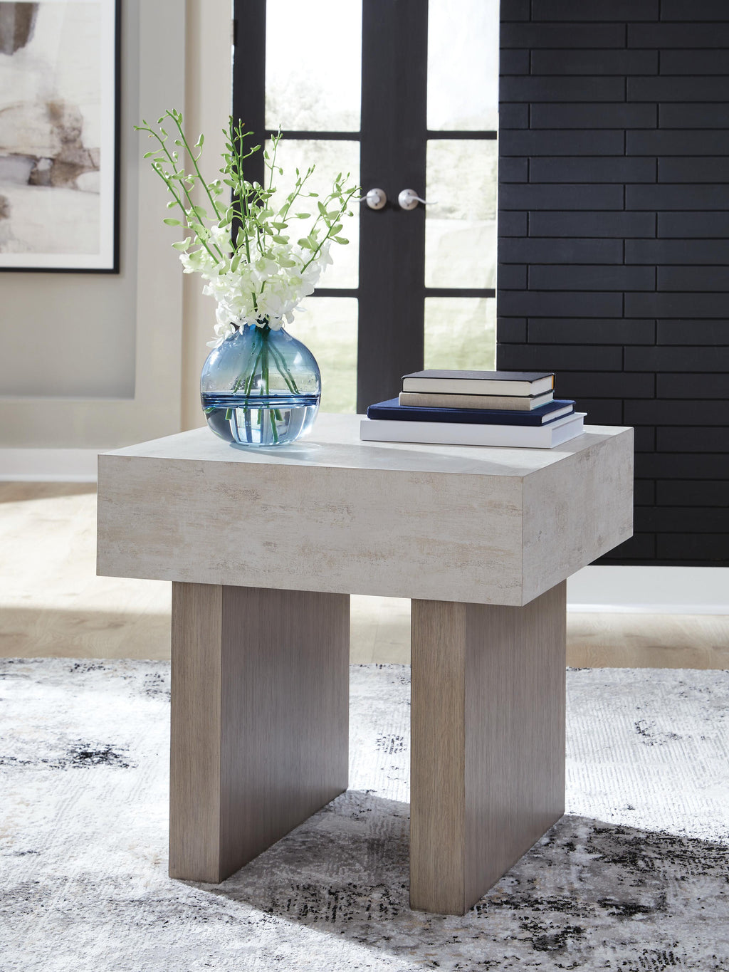 Jorlaina End Table in Light Grayish Brown, lifestyle view