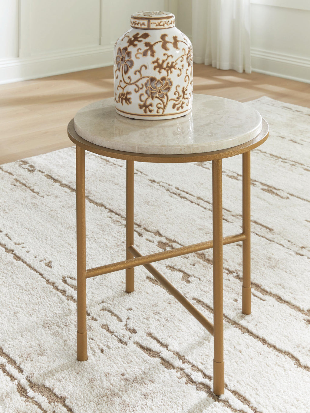 Alben End Table in Antique Gold, lifestyle view