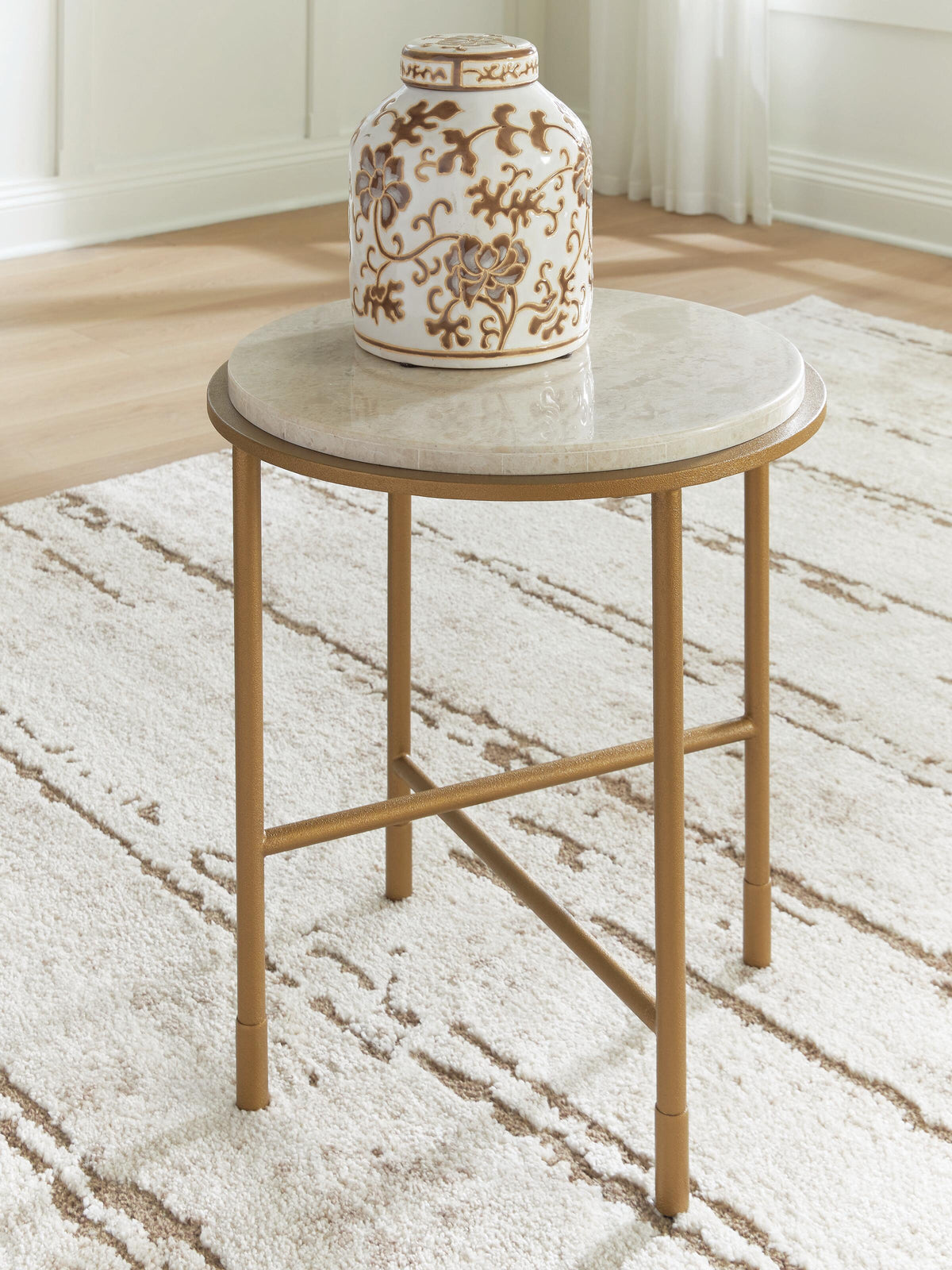 Alben End Table in Antique Gold, lifestyle view