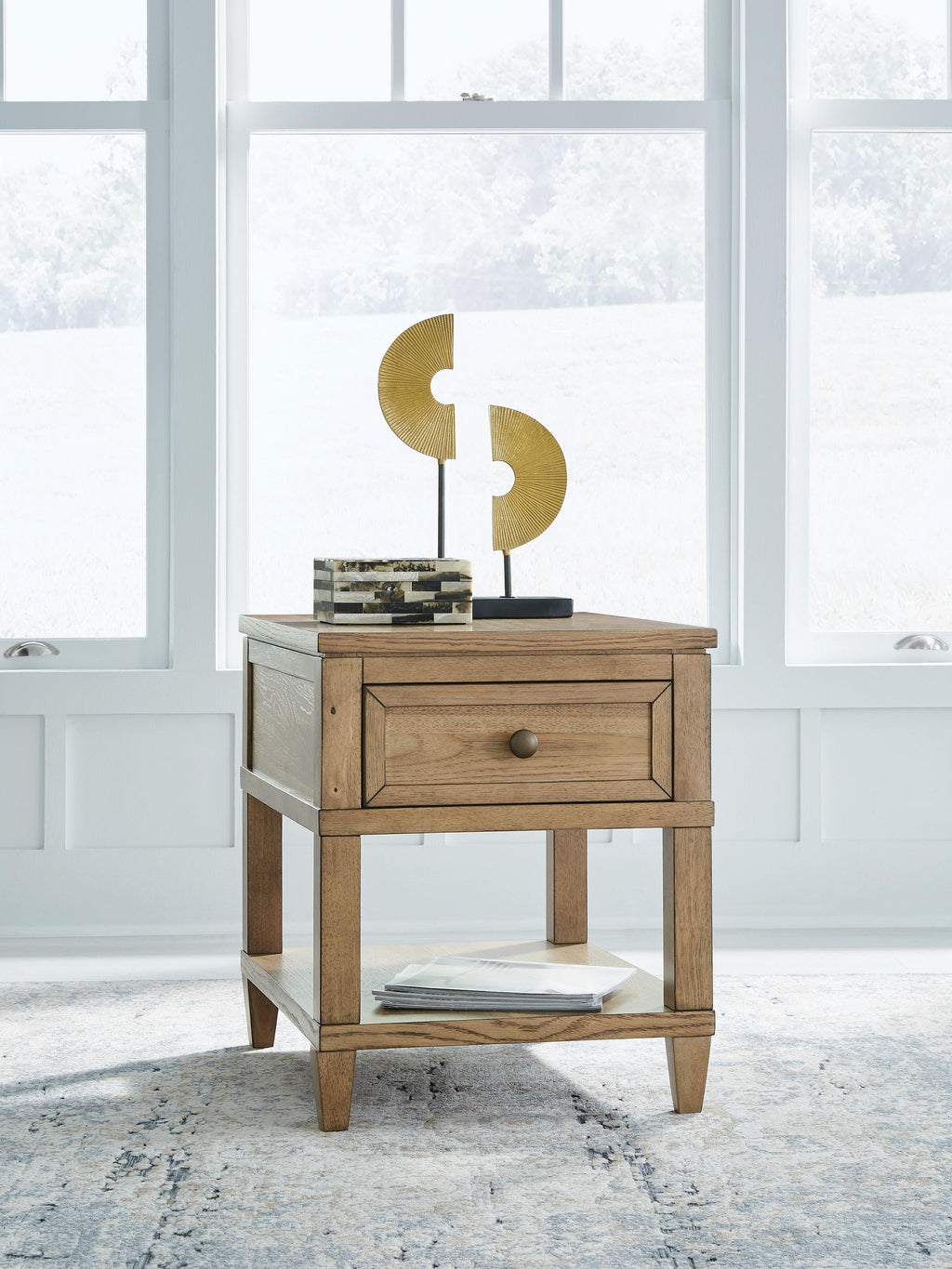 Sharlance End Table in Light Brown, closed view