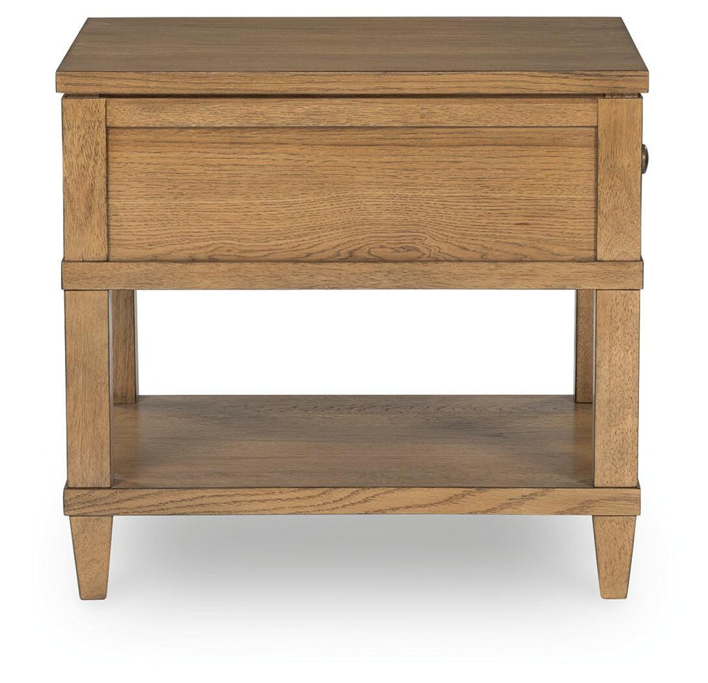Sharlance End Table in Light Brown, side view
