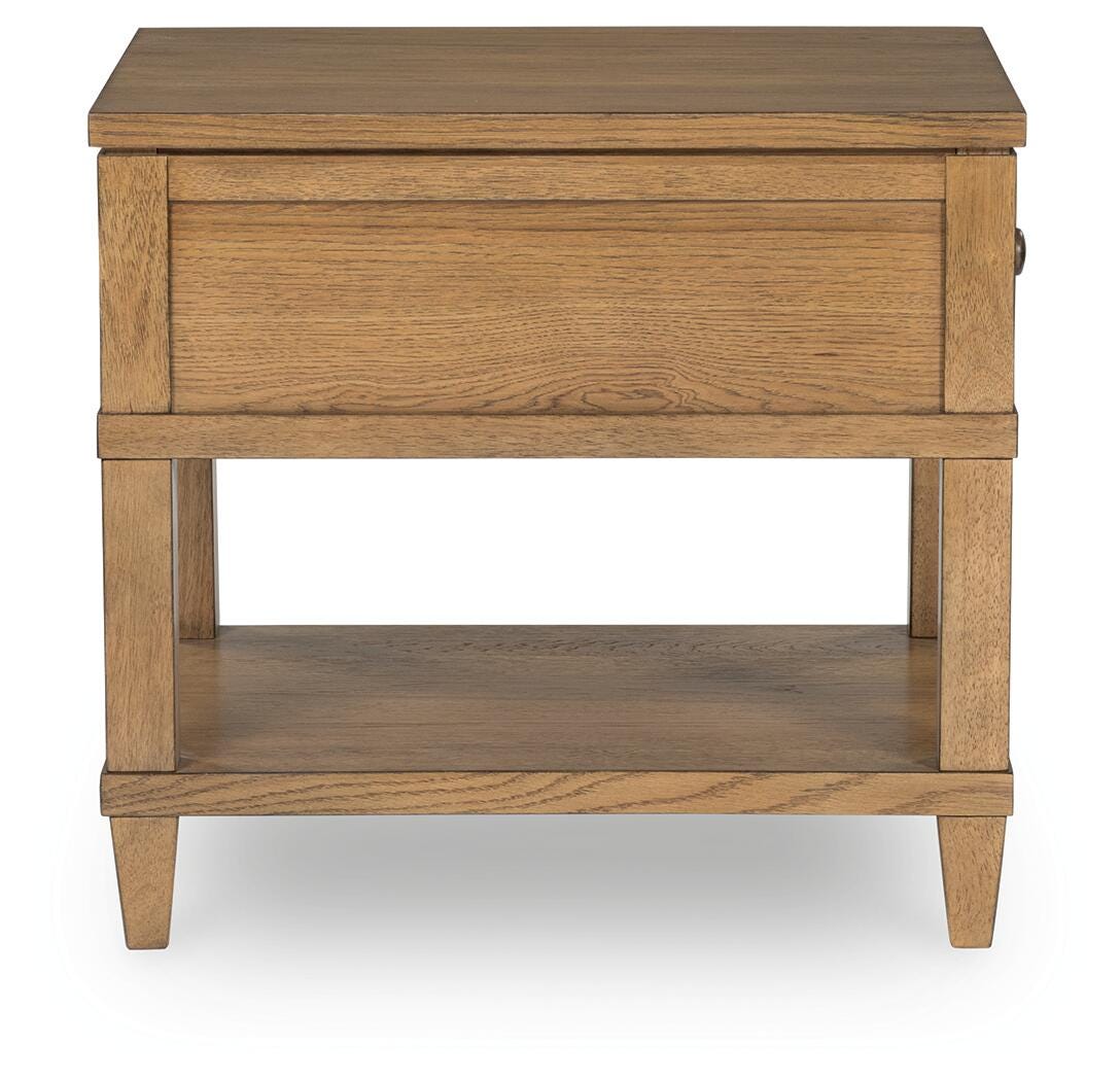 Sharlance End Table in Light Brown, side view
