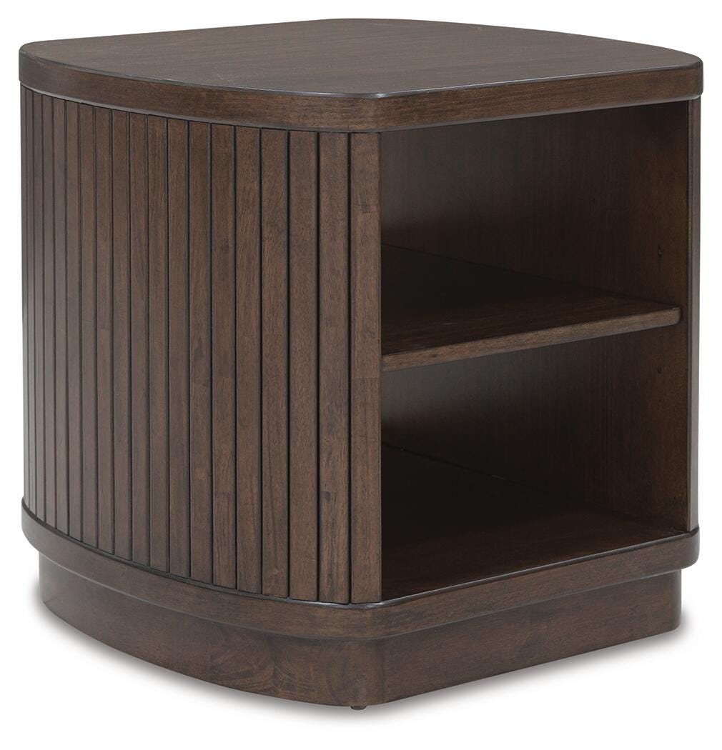 Korestone End Table in Dark Brown, angle view