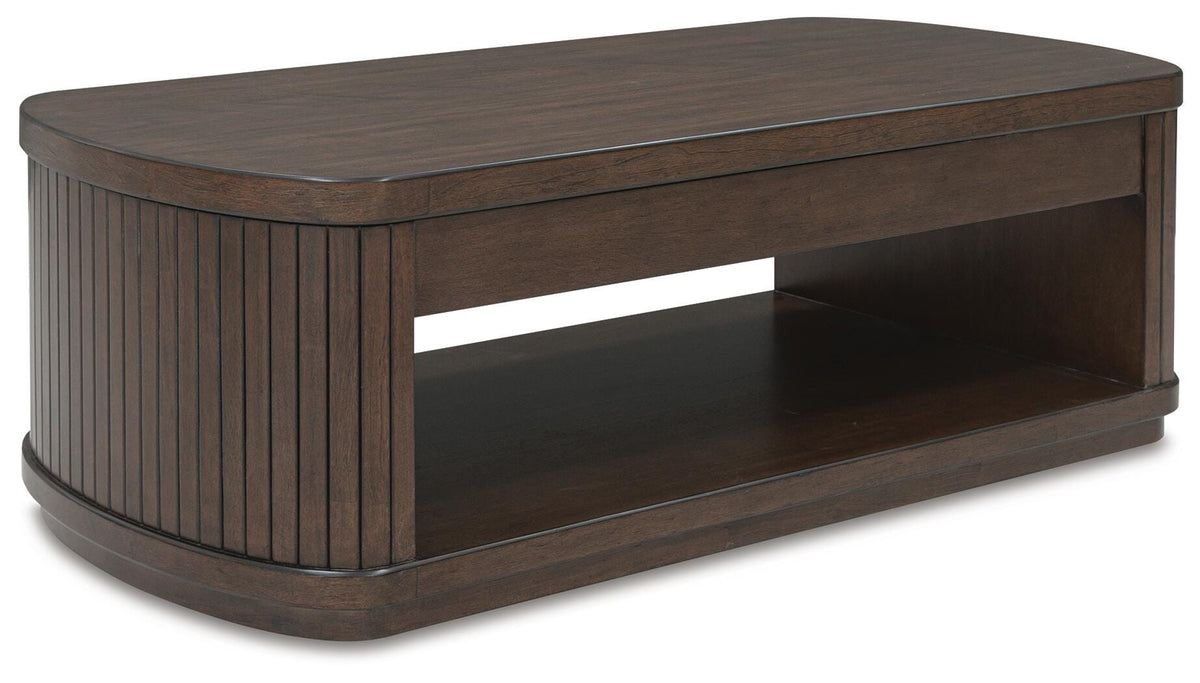 Korestone Lift-Top Coffee Table in Dark Brown, closed view