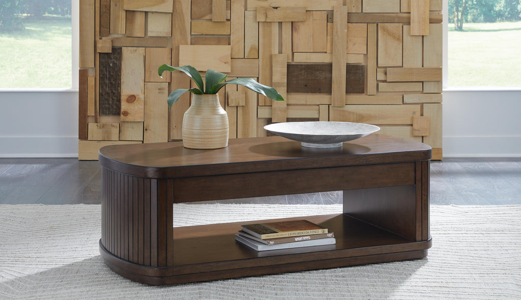 Korestone Lift-Top Coffee Table in Dark Brown, closed view
