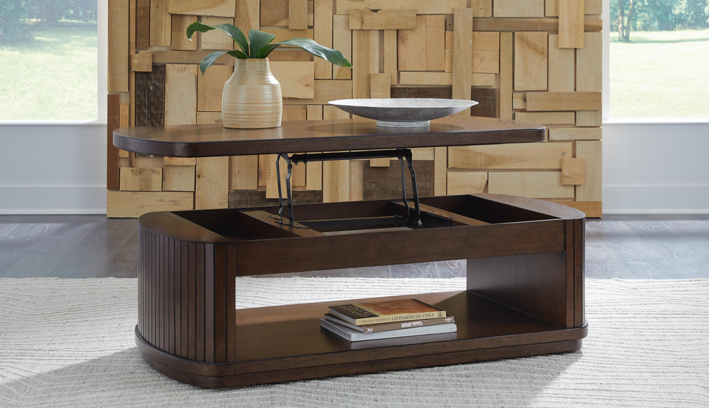 Korestone Lift-Top Coffee Table in Dark Brown, open view