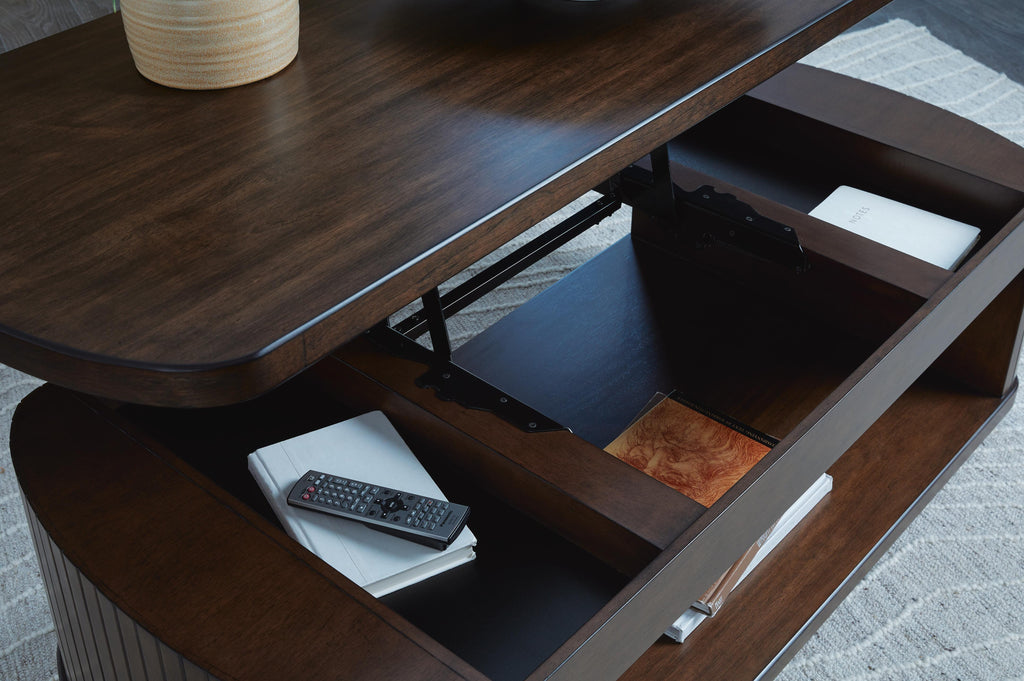 Korestone Lift-Top Coffee Table in Dark Brown, detail view