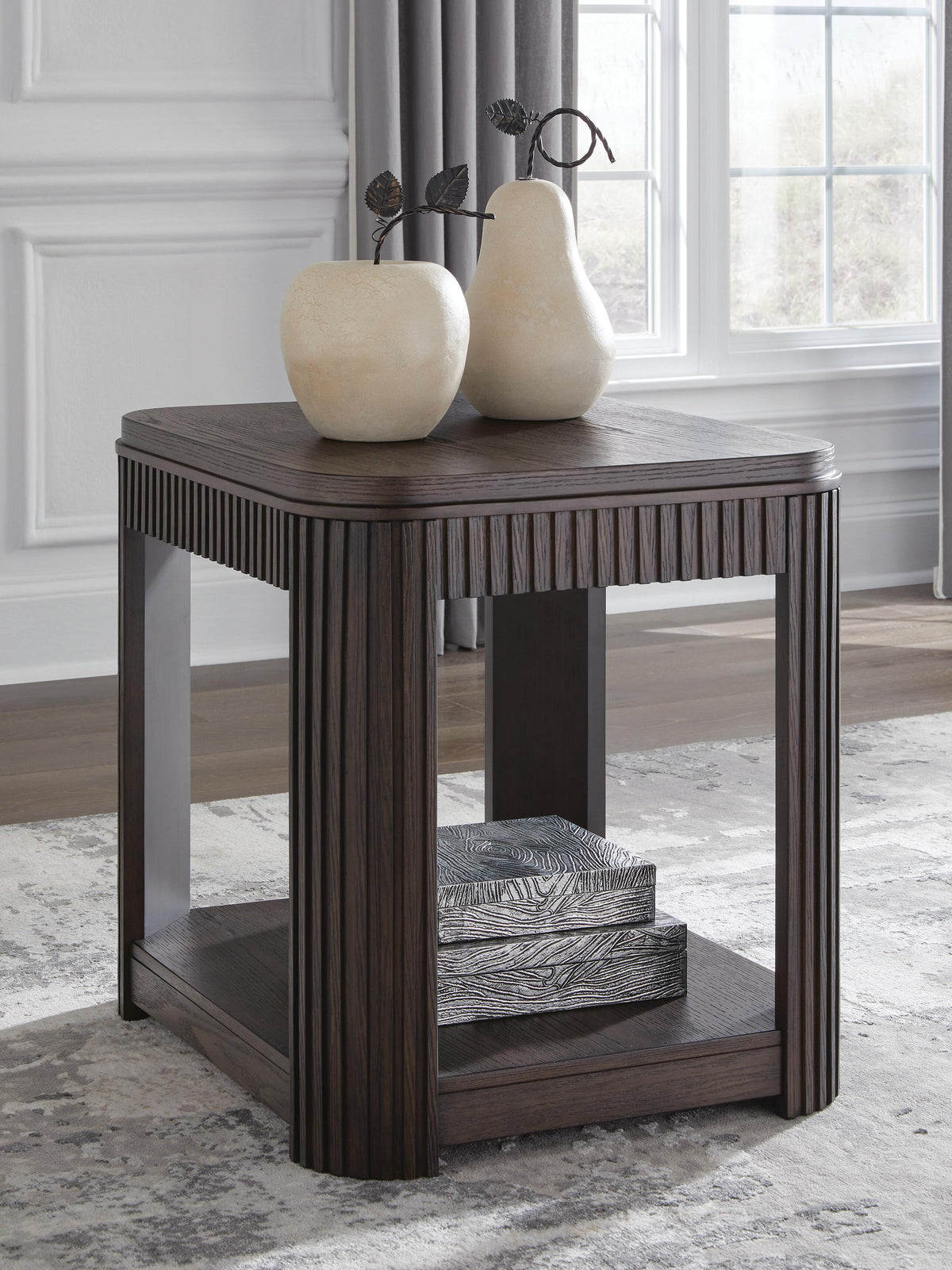 Carlibrie End Table in Warm Brown, lifestyle view