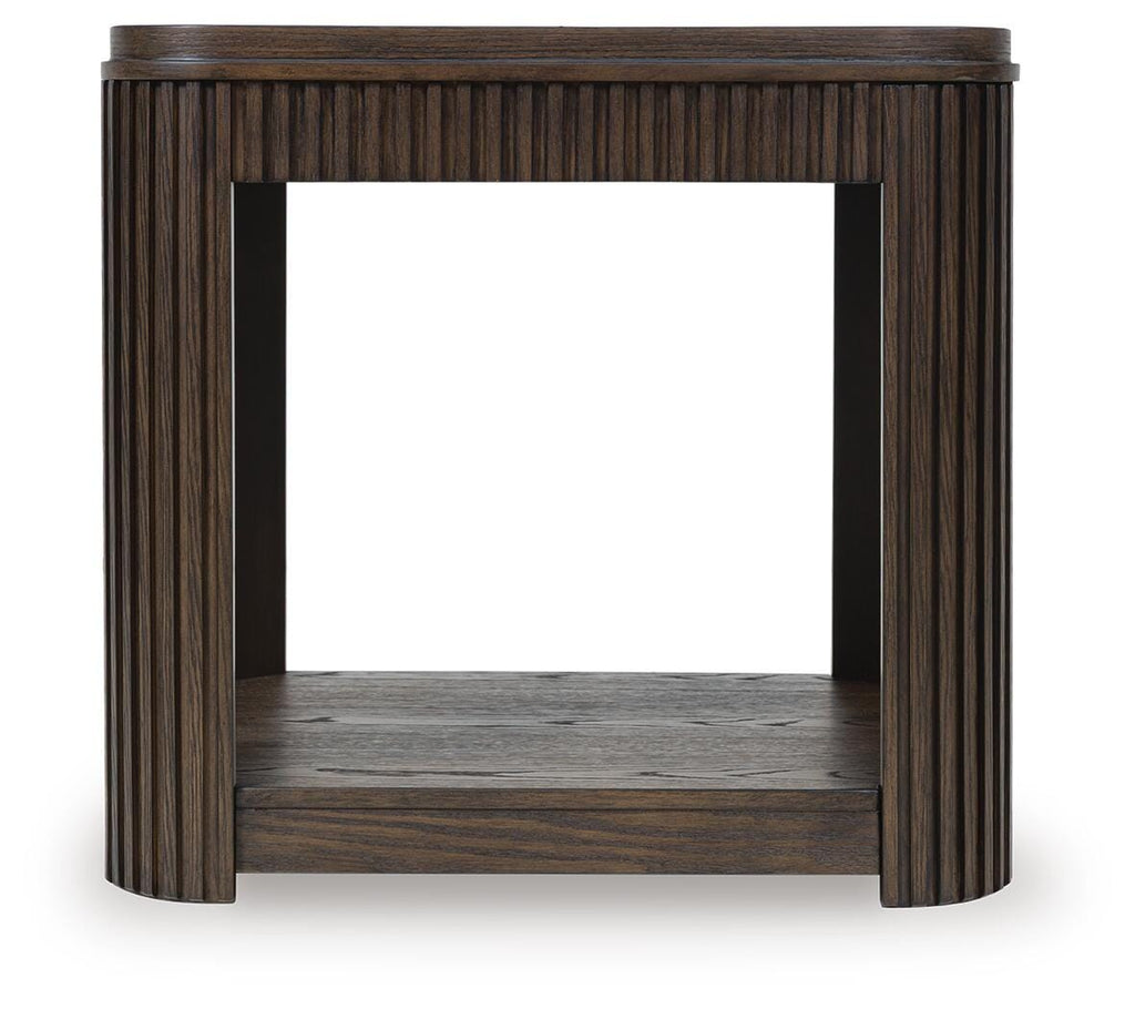 Carlibrie End Table in Warm Brown, side view
