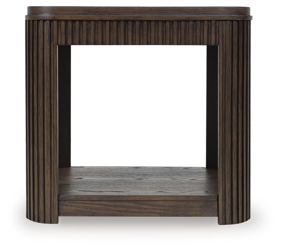 Carlibrie End Table in Warm Brown, side view