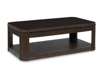 Carlibrie Lift-Top Coffee Table in Warm Brown, closed view