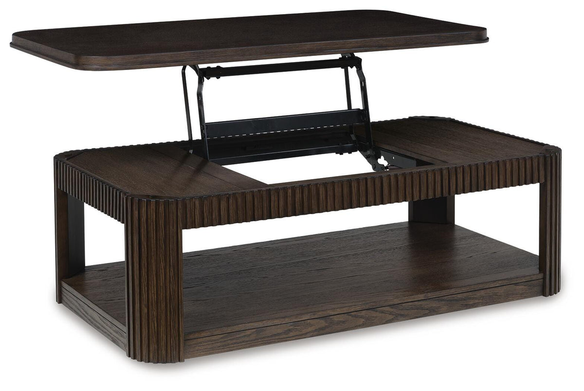 Carlibrie Lift-Top Coffee Table in Warm Brown, open view