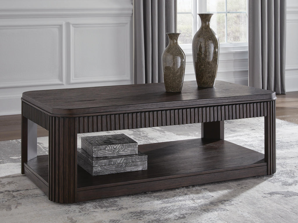 Carlibrie Lift-Top Coffee Table in Warm Brown, closed view