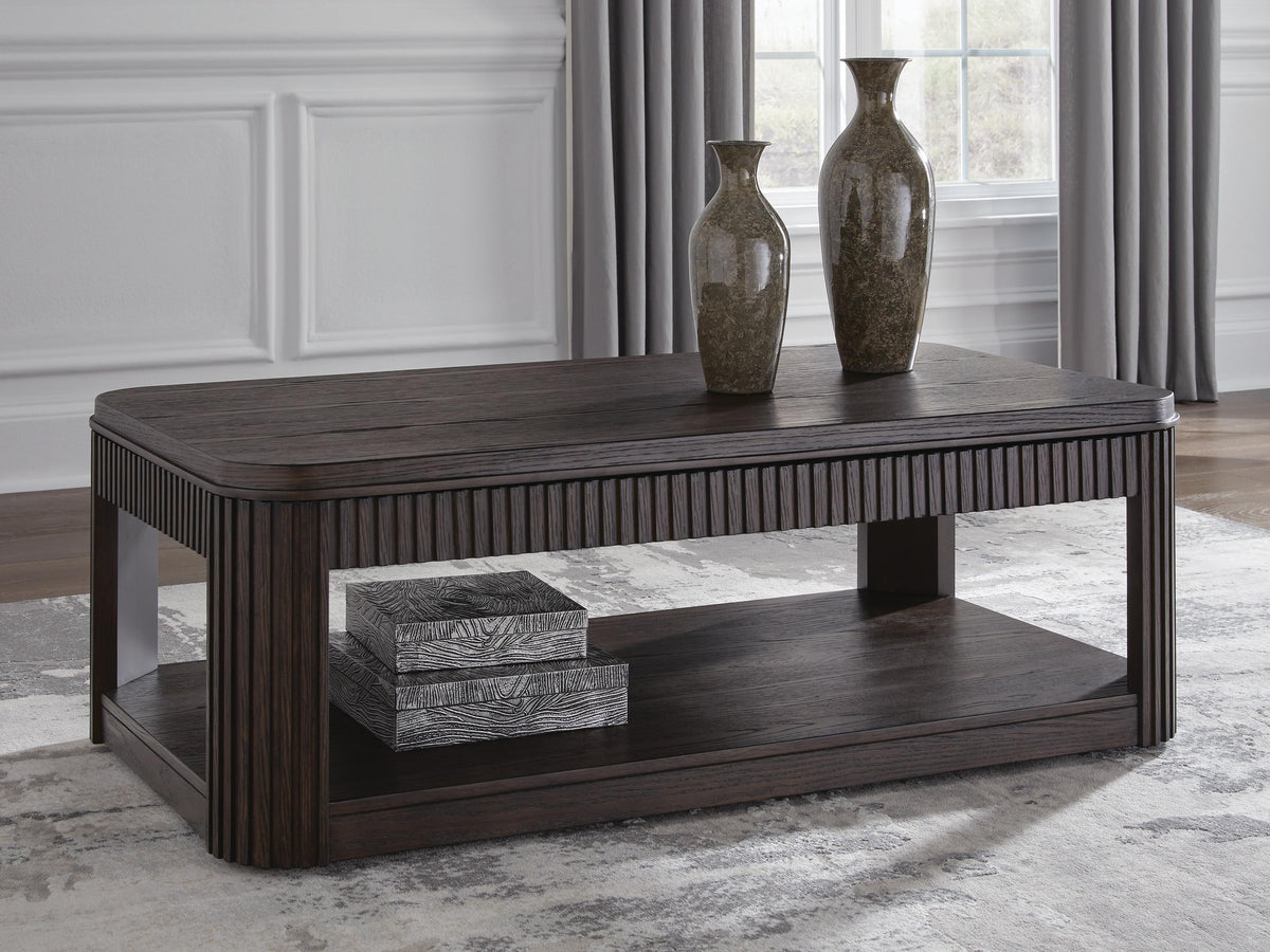 Carlibrie Lift-Top Coffee Table in Warm Brown, closed view