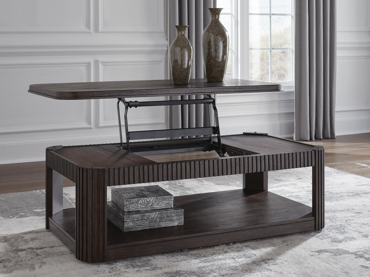 Carlibrie Lift-Top Coffee Table in Warm Brown, open view