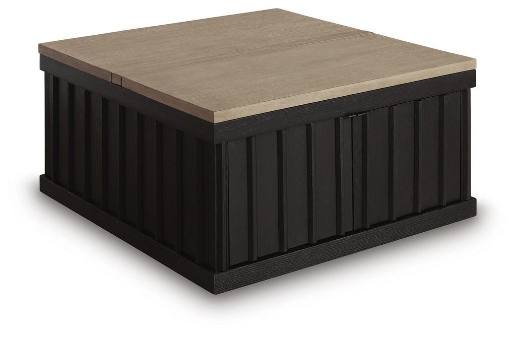 Rylandyn Lift-Top Coffee Table in Black/Light Brown, closed view
