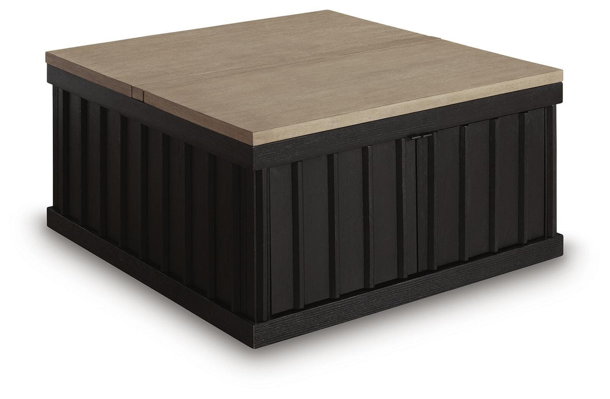 Rylandyn Lift-Top Coffee Table in Black/Light Brown, closed view