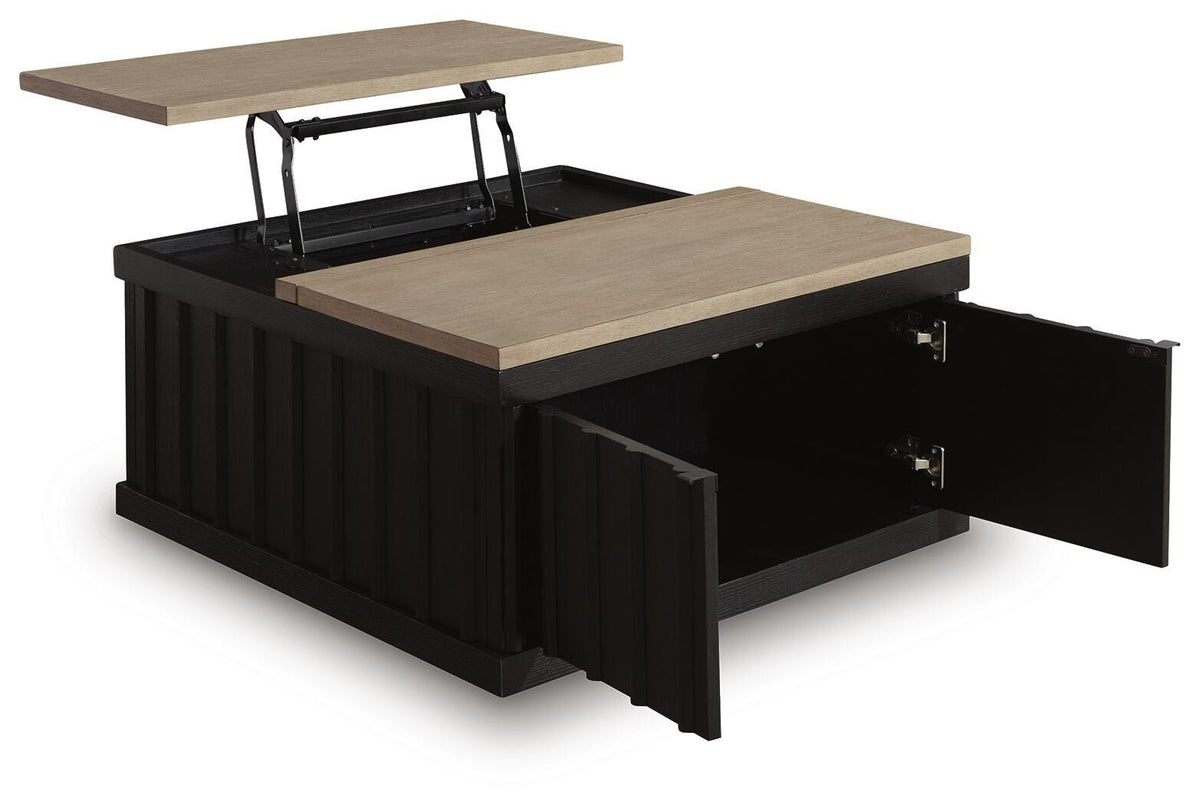 Rylandyn Lift-Top Coffee Table in Black/Light Brown, open view