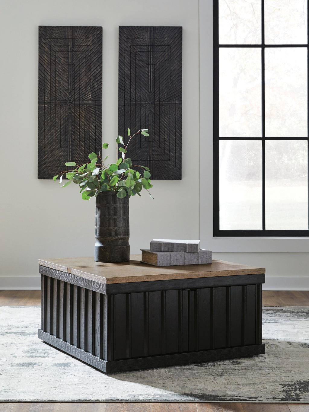 Rylandyn Lift-Top Coffee Table in Black/Light Brown, closed view