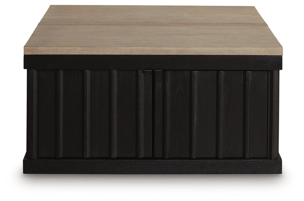 Rylandyn Lift-Top Coffee Table in Black/Light Brown, front view