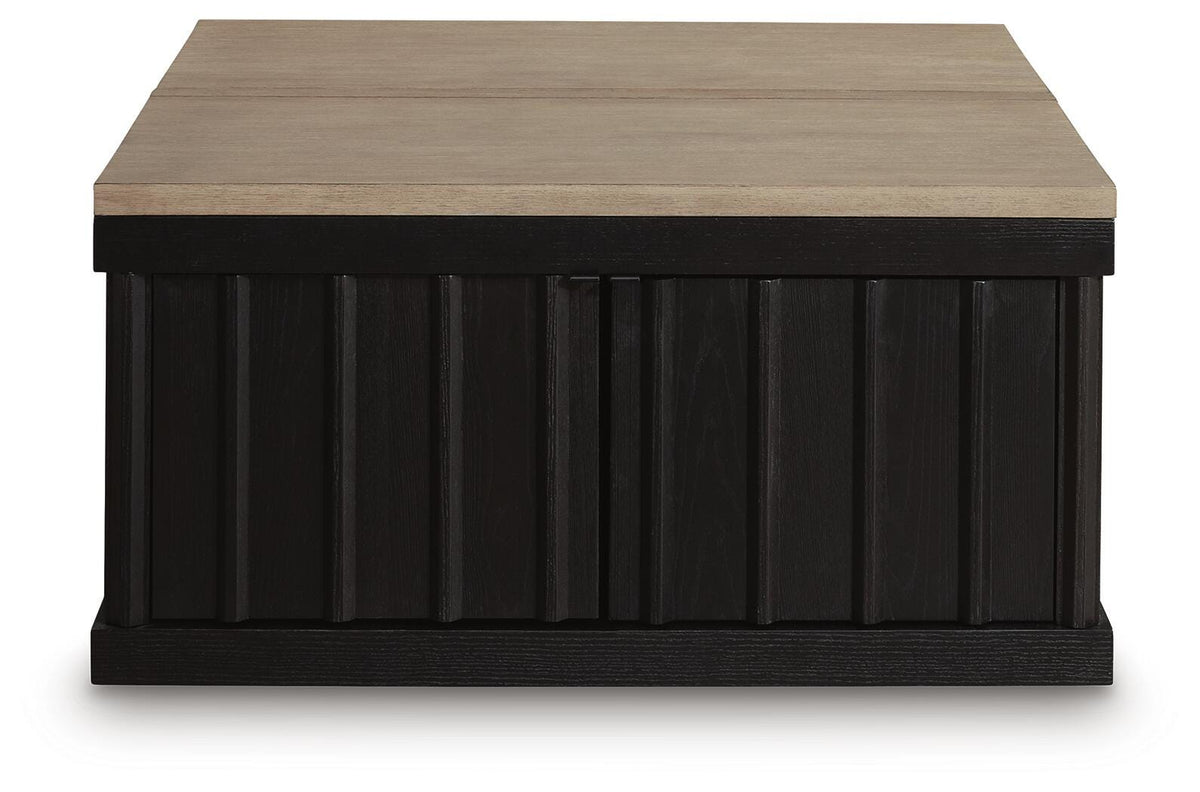 Rylandyn Lift-Top Coffee Table in Black/Light Brown, front view