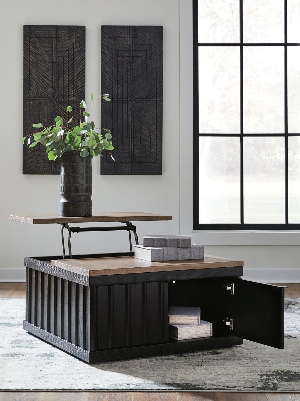 Rylandyn Lift-Top Coffee Table in Black/Light Brown, open view