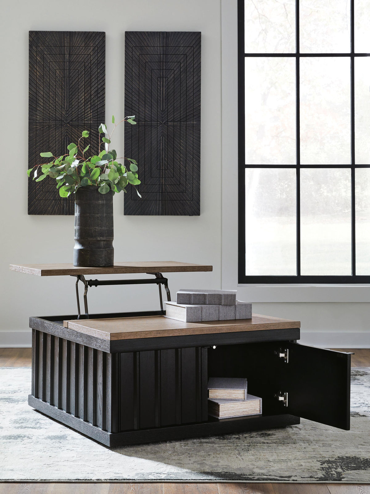 Rylandyn Lift-Top Coffee Table in Black/Light Brown, open view