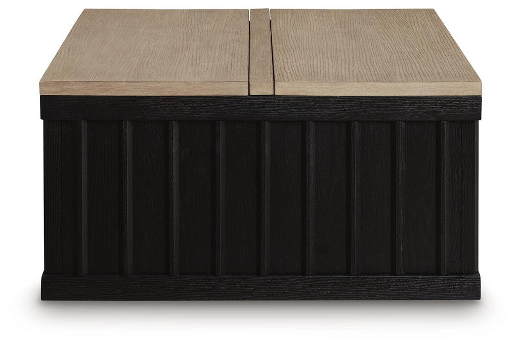 Rylandyn Lift-Top Coffee Table in Black/Light Brown, side view
