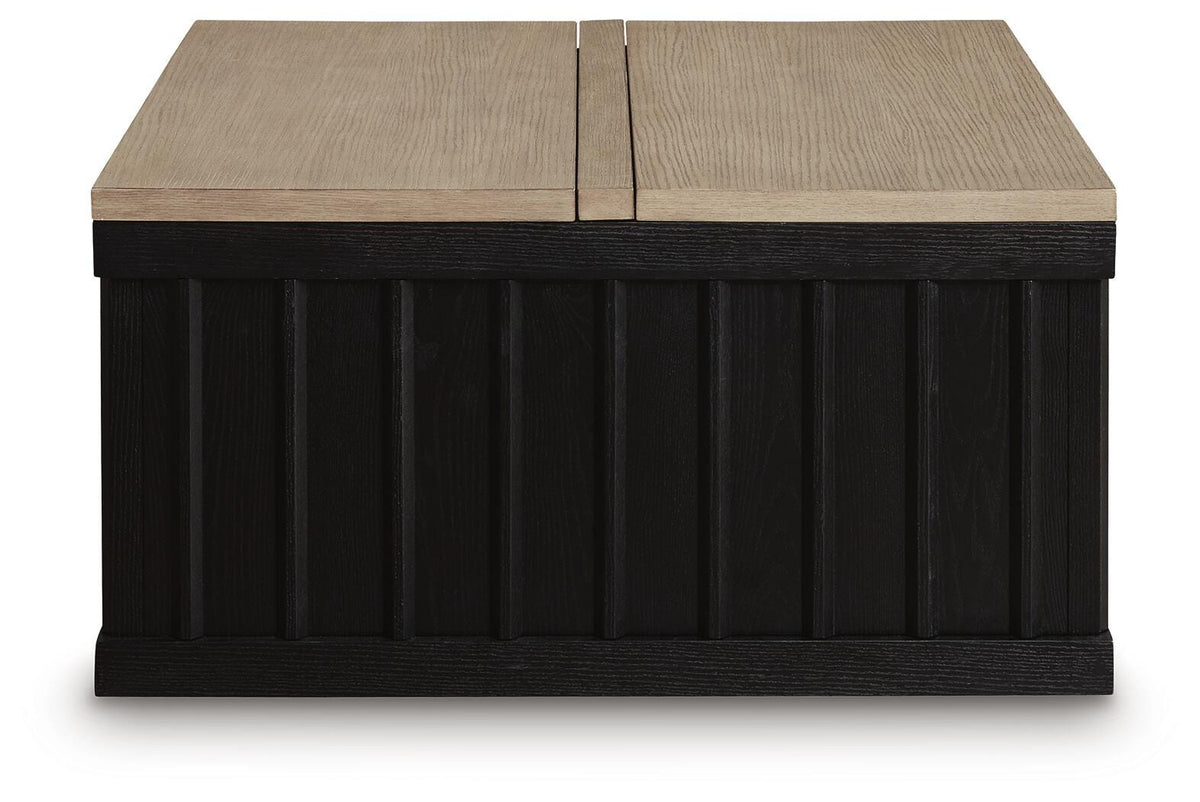 Rylandyn Lift-Top Coffee Table in Black/Light Brown, side view