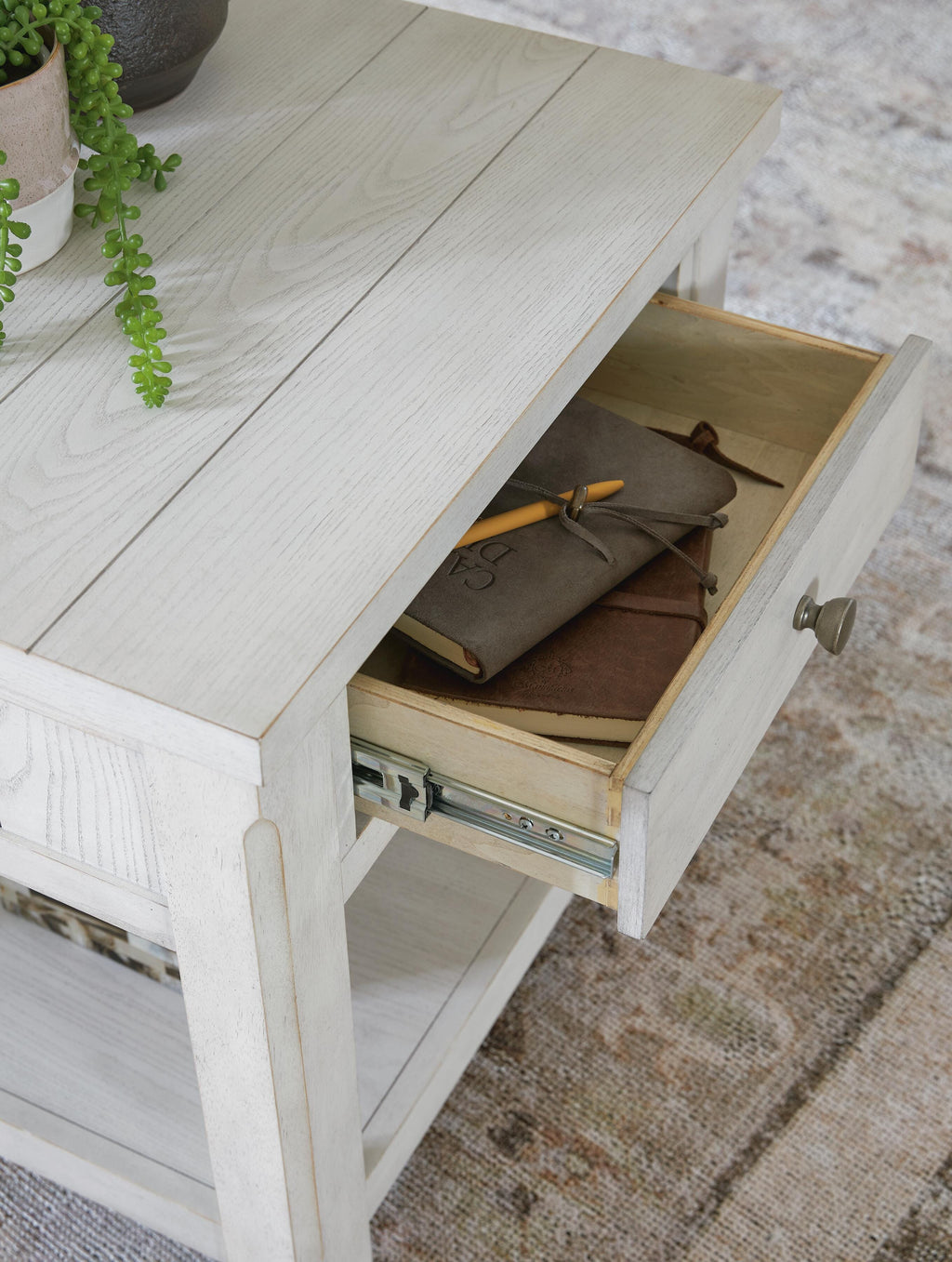 Robbinsdale End Table in Antique White, open view