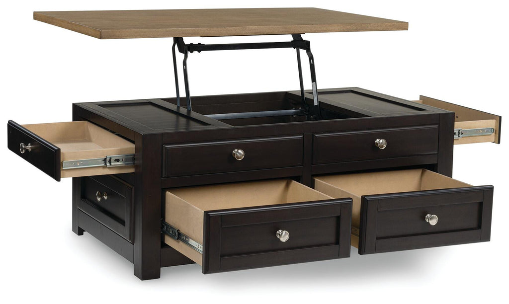 Drazmine Lift-Top Coffee Table in Brown, open view