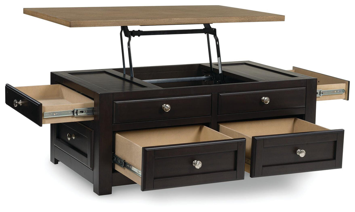 Drazmine Lift-Top Coffee Table in Brown, open view