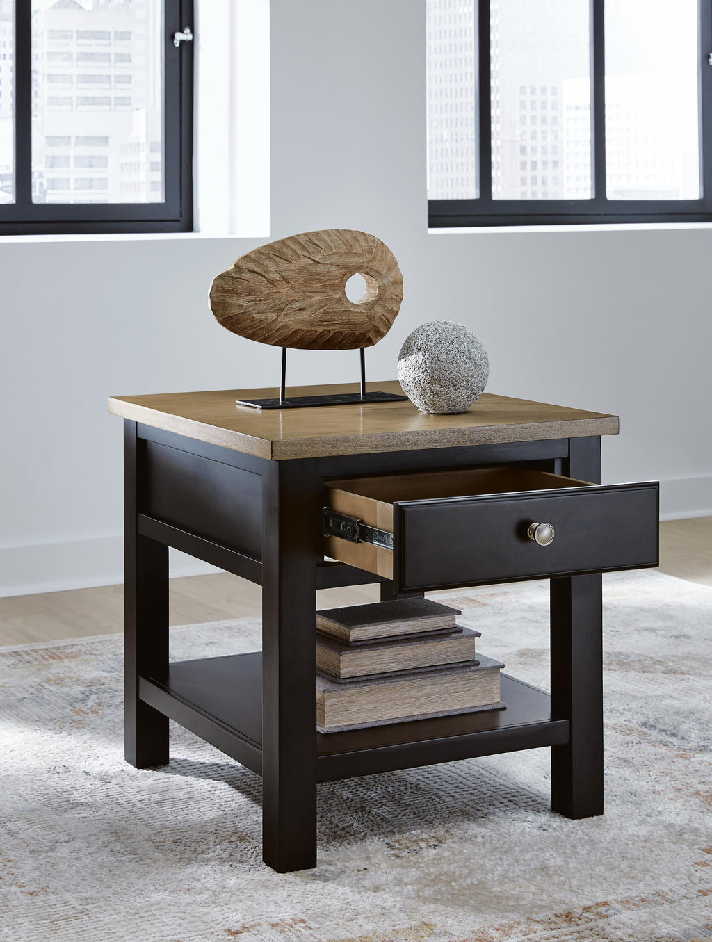 Drazmine End Table in Brown, open view