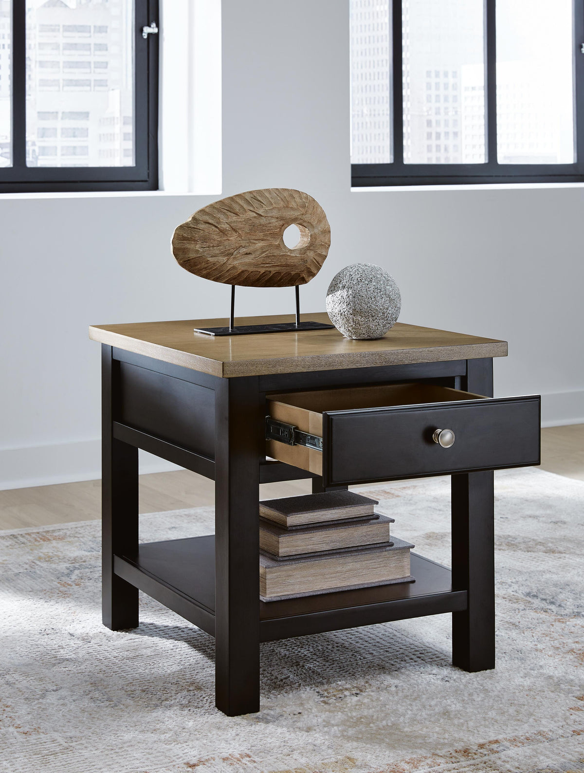 Drazmine End Table in Brown, open view