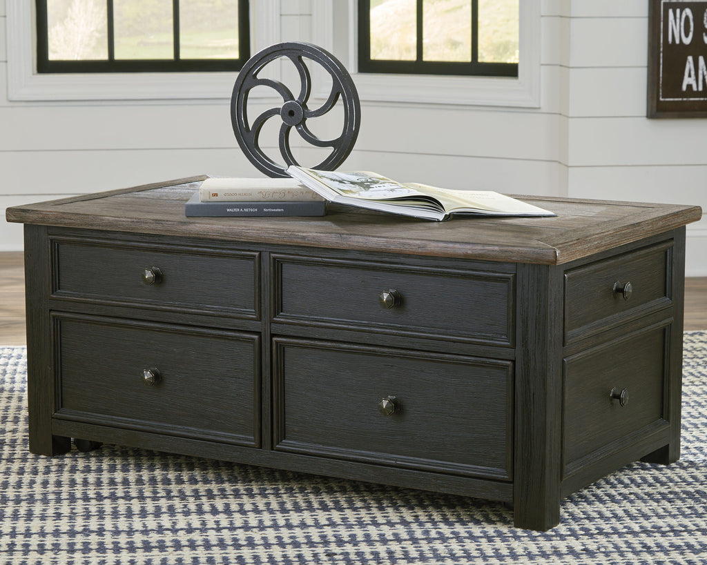 Tyler Creek Coffee Table with Lift Top in Grayish Brown/Black, lifestyle view