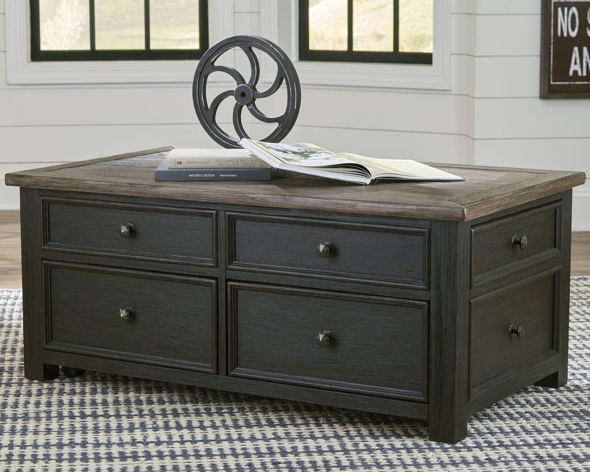 Tyler Creek Coffee Table with Lift Top in Grayish Brown/Black, lifestyle view