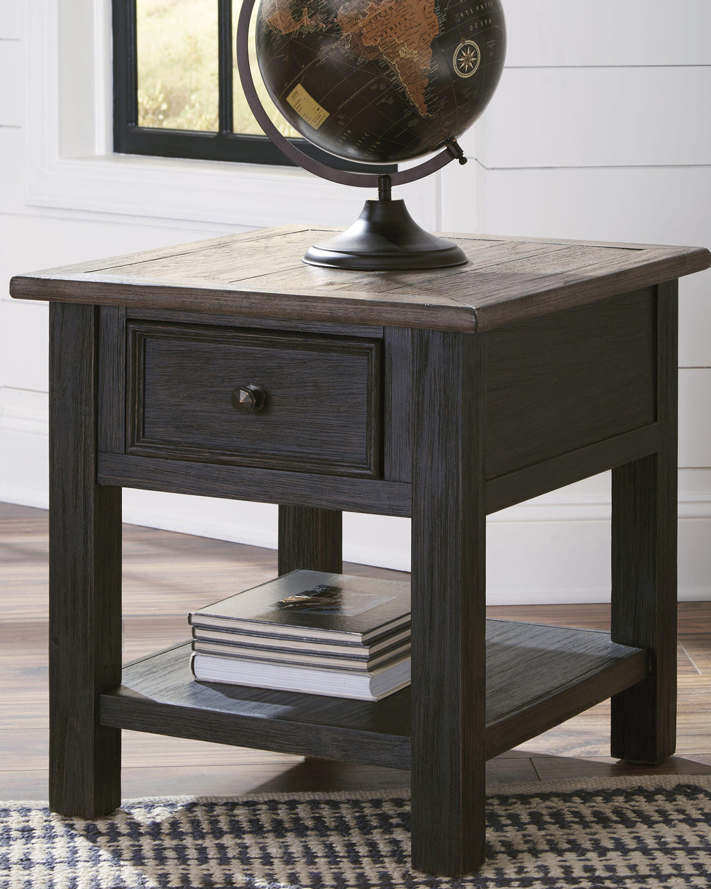 Tyler Creek End Table in Grayish Brown/Black, lifestyle view