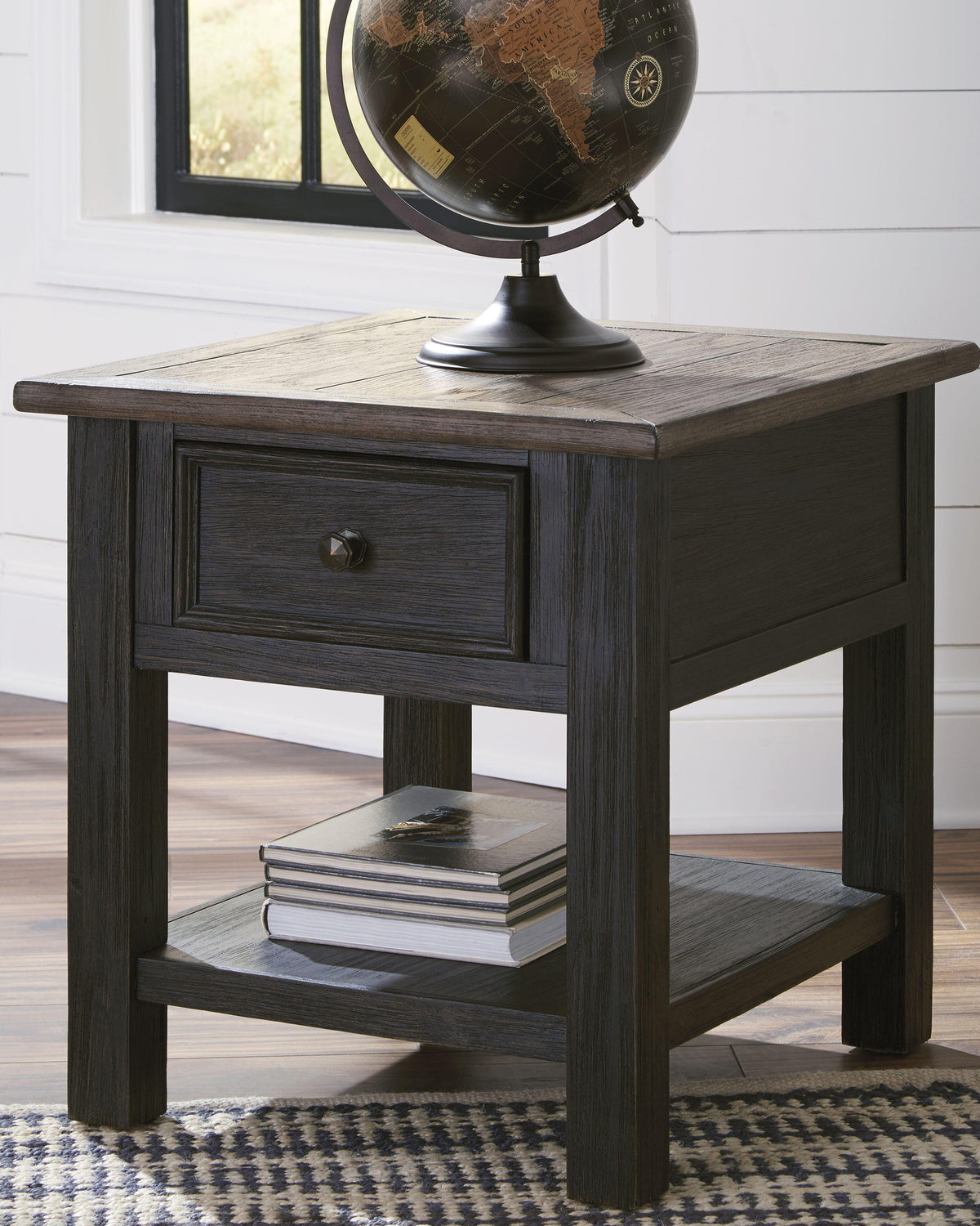 Tyler Creek End Table in Grayish Brown/Black, lifestyle view
