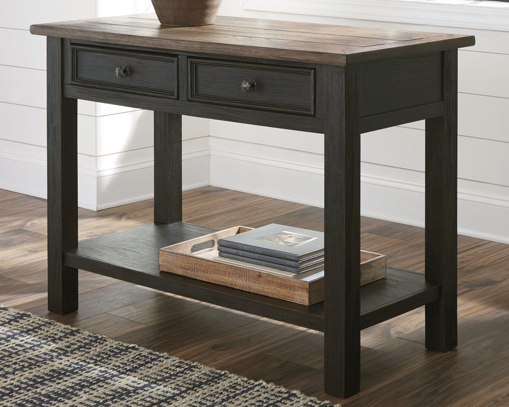 Tyler Creek Sofa/Console Table in Grayish Brown/Black, lifestyle view