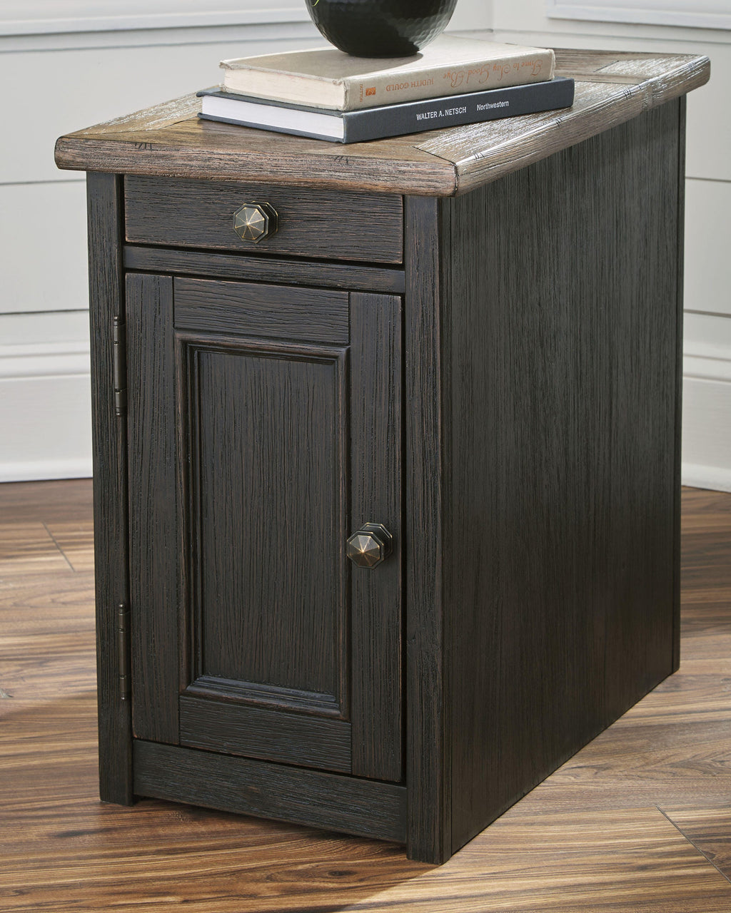 Tyler Creek Chairside End Table with USB Ports & Outlets in Grayish Brown/Black, lifestyle view